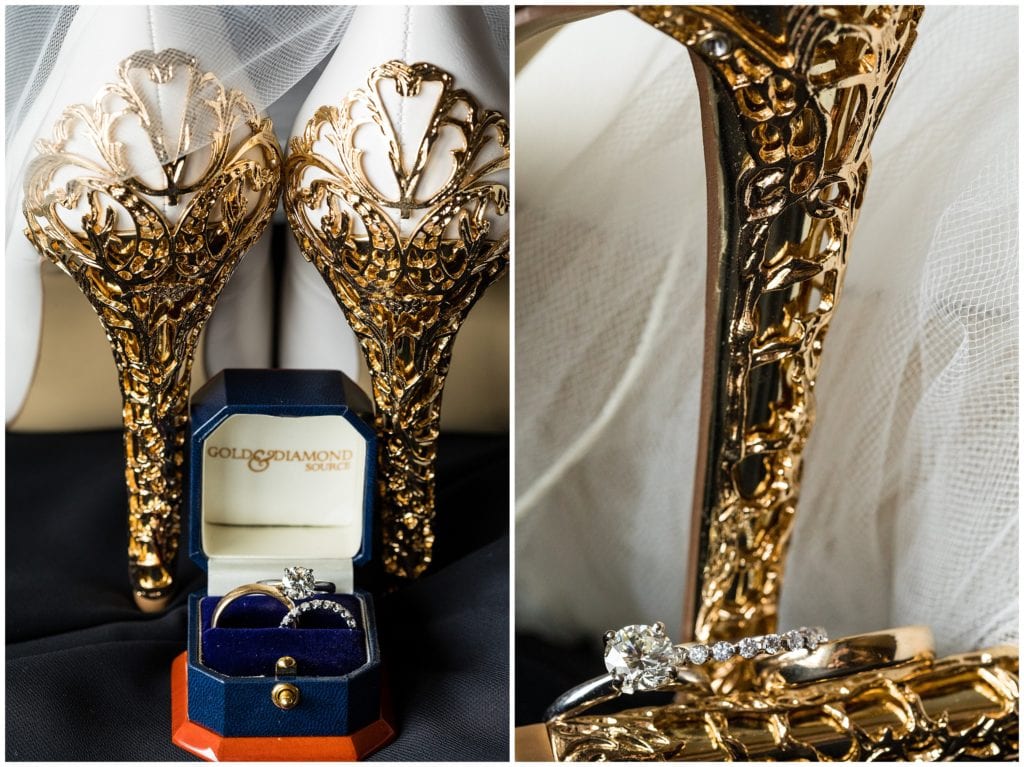 Details of brides gold heels and engagement ring with wedding bands