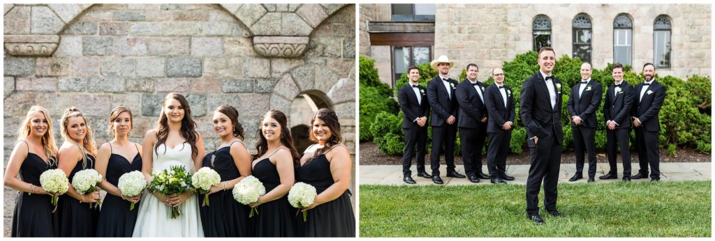 Wedding party collage with bridesmaids and groomsmen outside Cairnwood Estate