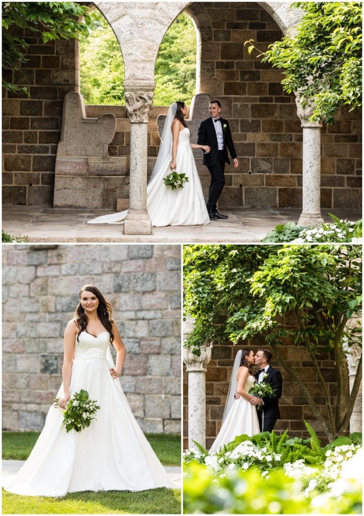 Wedding portraits with bride and groom walking through garden archways at Cairnwood Estate and Clen Cairn Museum