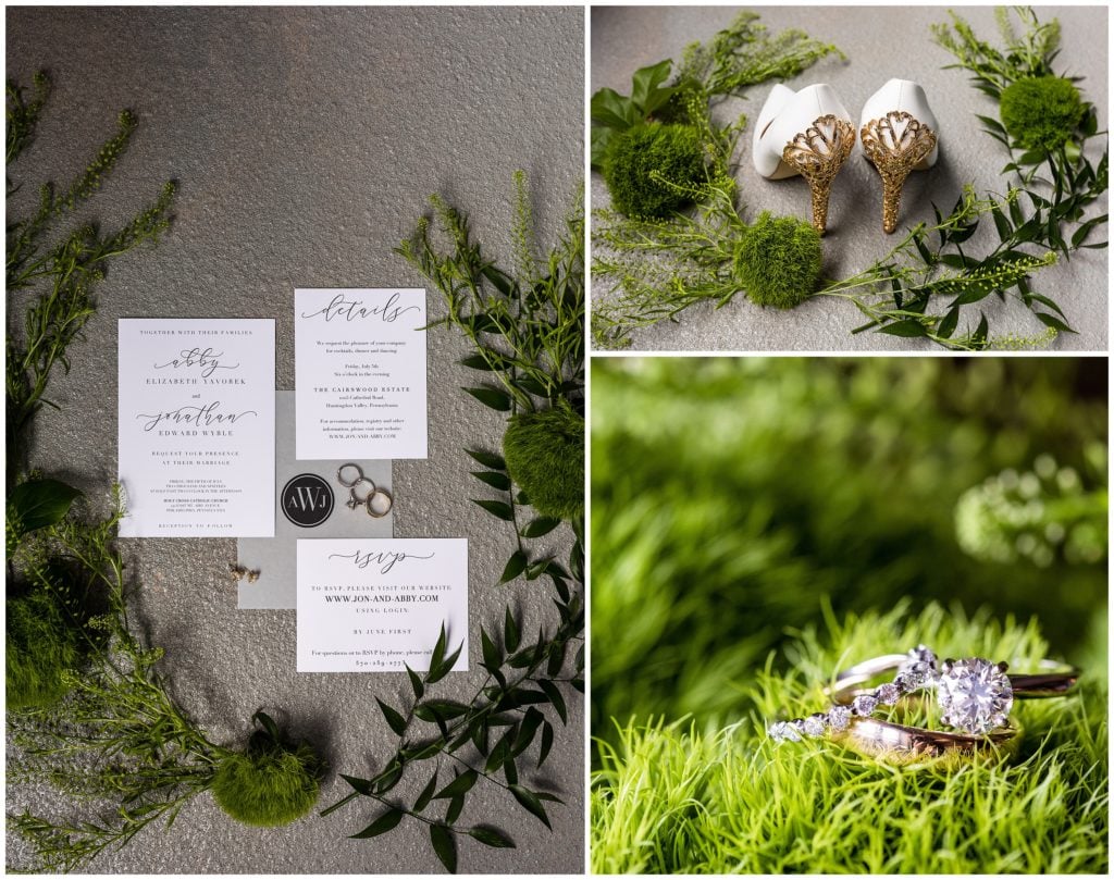 Wedding details with invitation suite, greenery, wedding rings, and heels