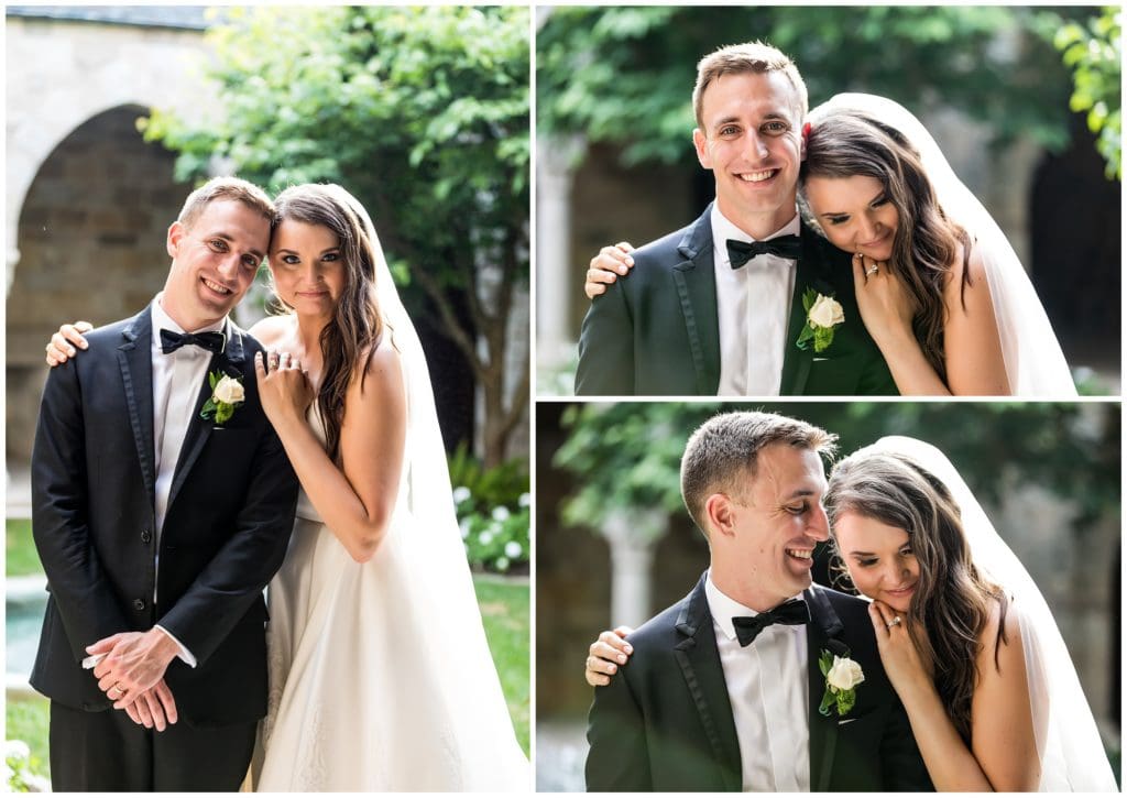 Intimate wedding portraits bride and groom snuggling in garden at Cairnwood Estate