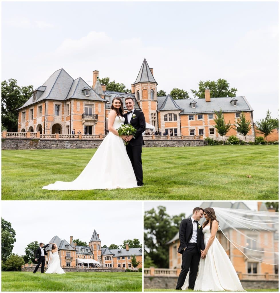 Bride and groom dancing and romantic portraits outside Cairnwood Estate