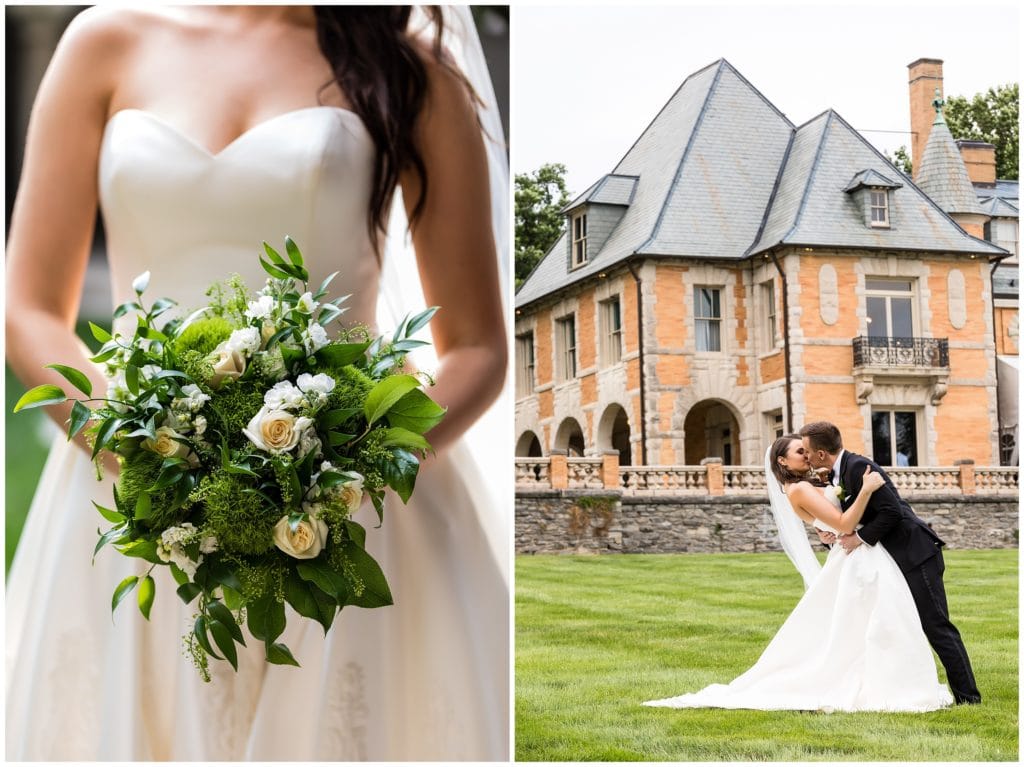 Bridal bouquet and bride and groom kissing in front of Cairnwood Estate