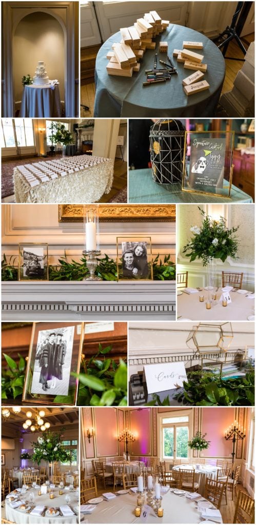 Wedding reception details with floral and gold center pieces, picture frames, card table, and Jenga blocks