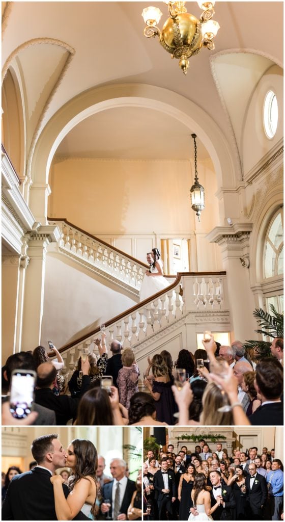 Bride and groom making entrance down staircase and having first dance at Cairnwood Estate