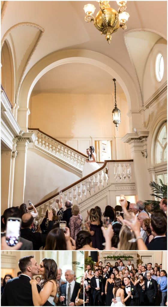 Bride and groom making entrance down staircase and having first dance at Cairnwood Estate