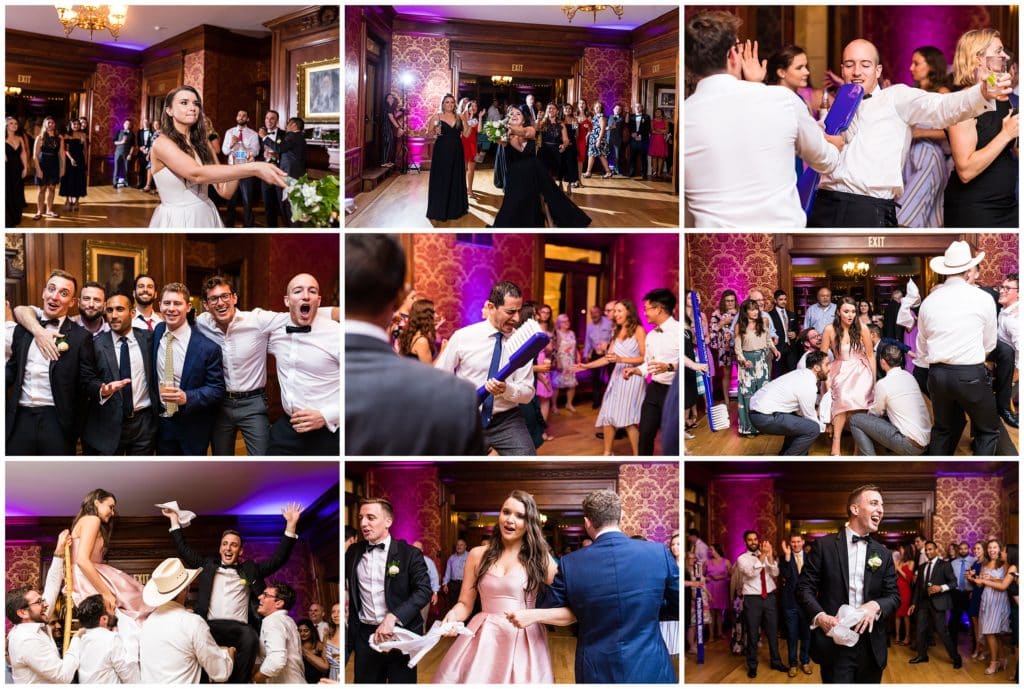 Bouquet toss and wedding guests dancing with a giant toothbrush