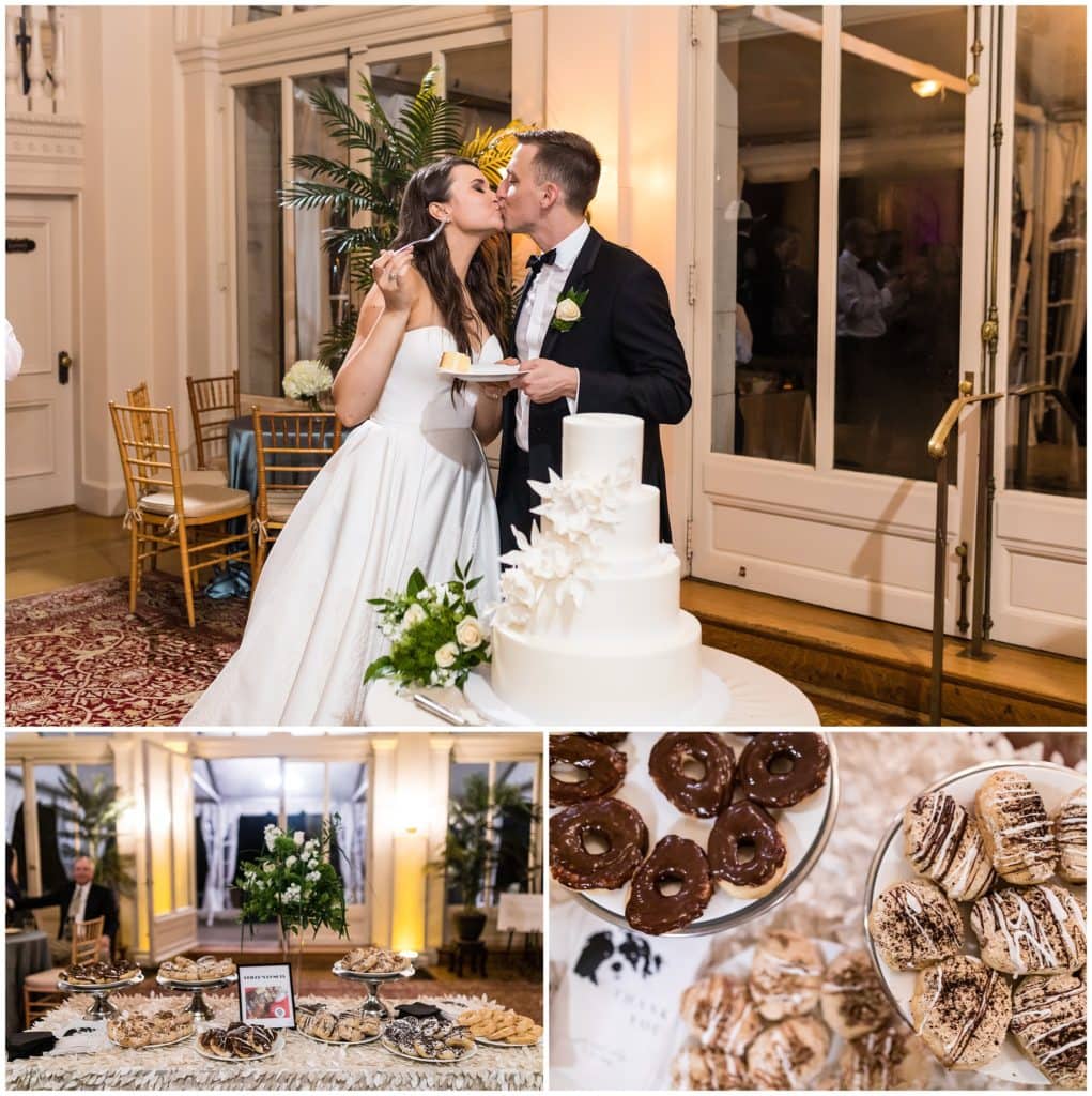 Cake cutting and dessert station with fancy donuts at Cairnwood Estates Wedding