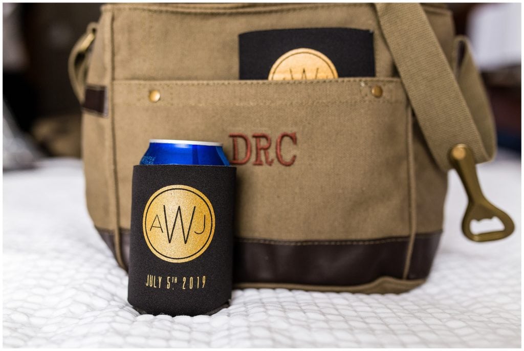 Wedding gift details of personalized bag and coozie