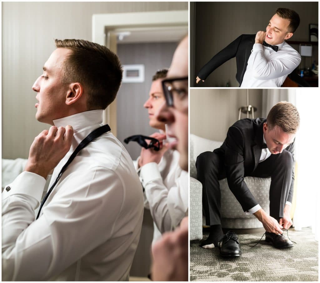 Groom getting ready for his wedding day putting on his jacket, tie, and shoes