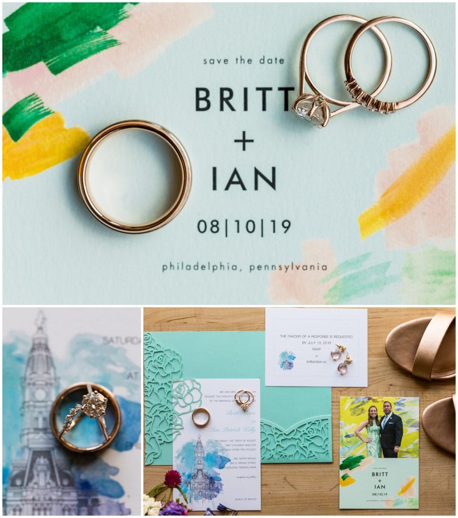 Colorful wedding invitation suite with wedding rings and jewelry details