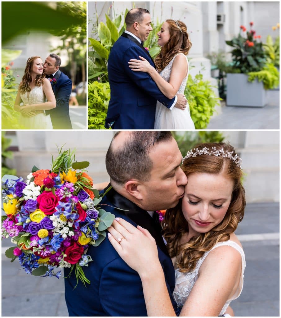 Romantic and colorful wedding portraits at Philadelphia City Hall with colorful florals