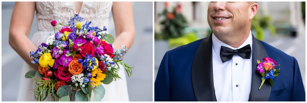 Floral details of colorful bridal bouquet and grooms boutonniere