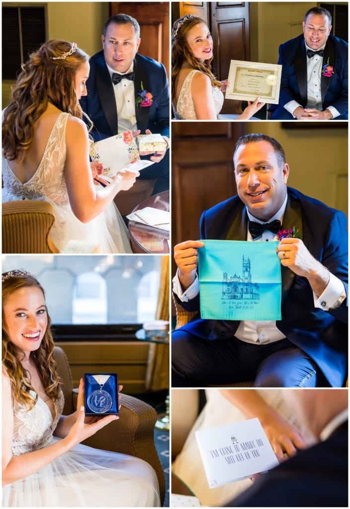 Bride and groom holding gifts, cards, and marriage license
