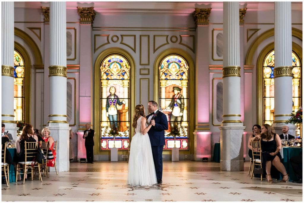 Bride and groom first dance during wedding reception at One North Broad