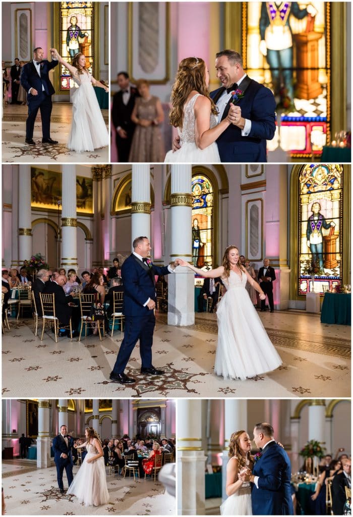 Bride and groom first dance during wedding reception at One North Broad