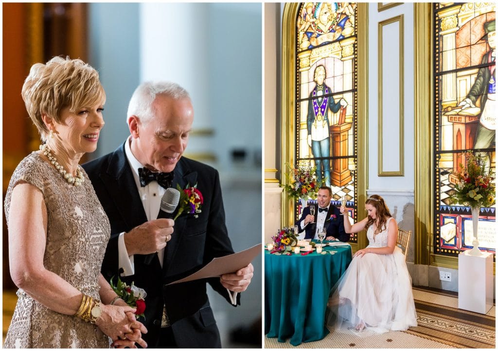 Parents of the bride make toast during wedding reception at One North Broad