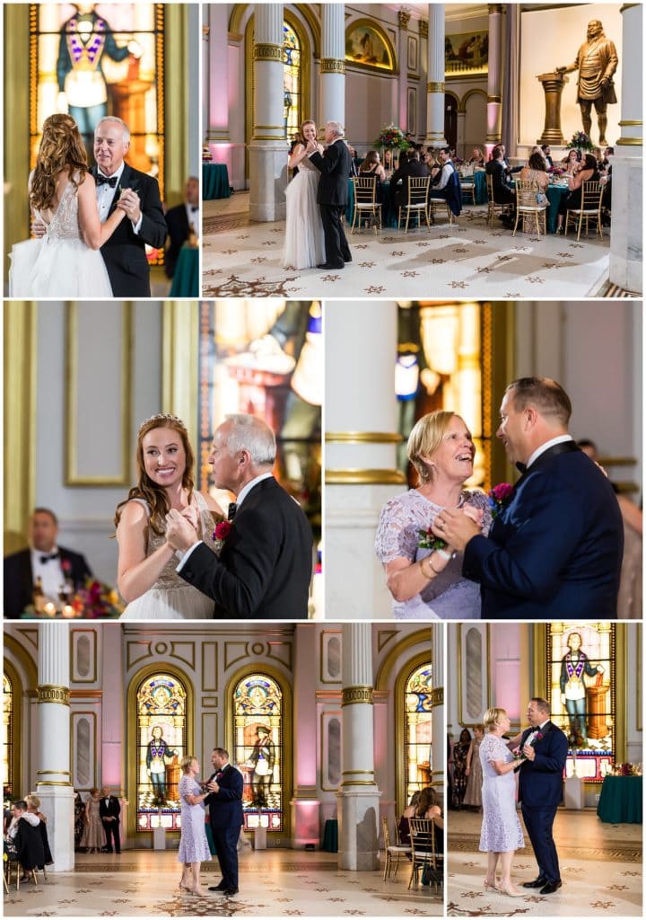 Father of the bride and mother of the groom parent dances during wedding reception at One North Broad