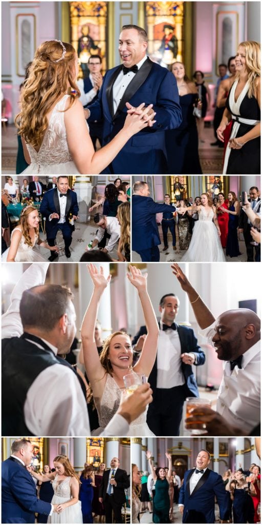 Bride and groom dance with each other and guests during wedding reception at One North Broad