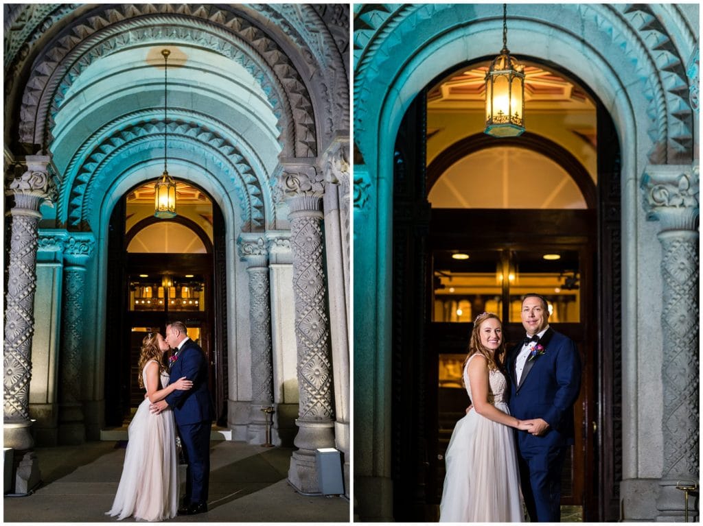 Bride and groom wedding night portrait in front of One North Broad