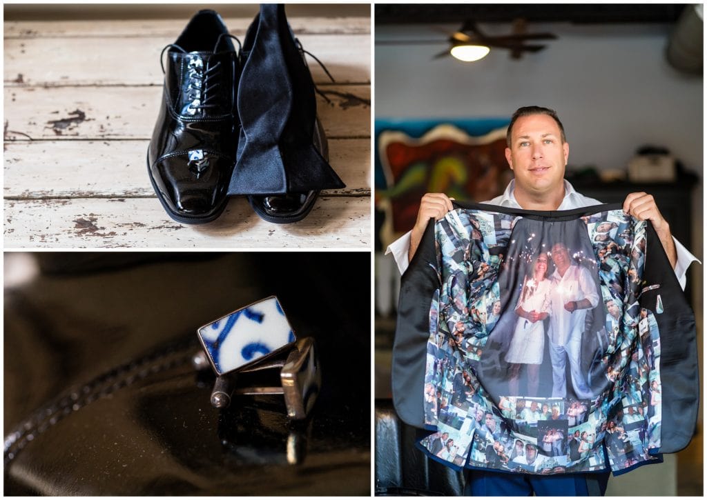 Grooms wedding accessories with custom jacket filled with pictures of his bride