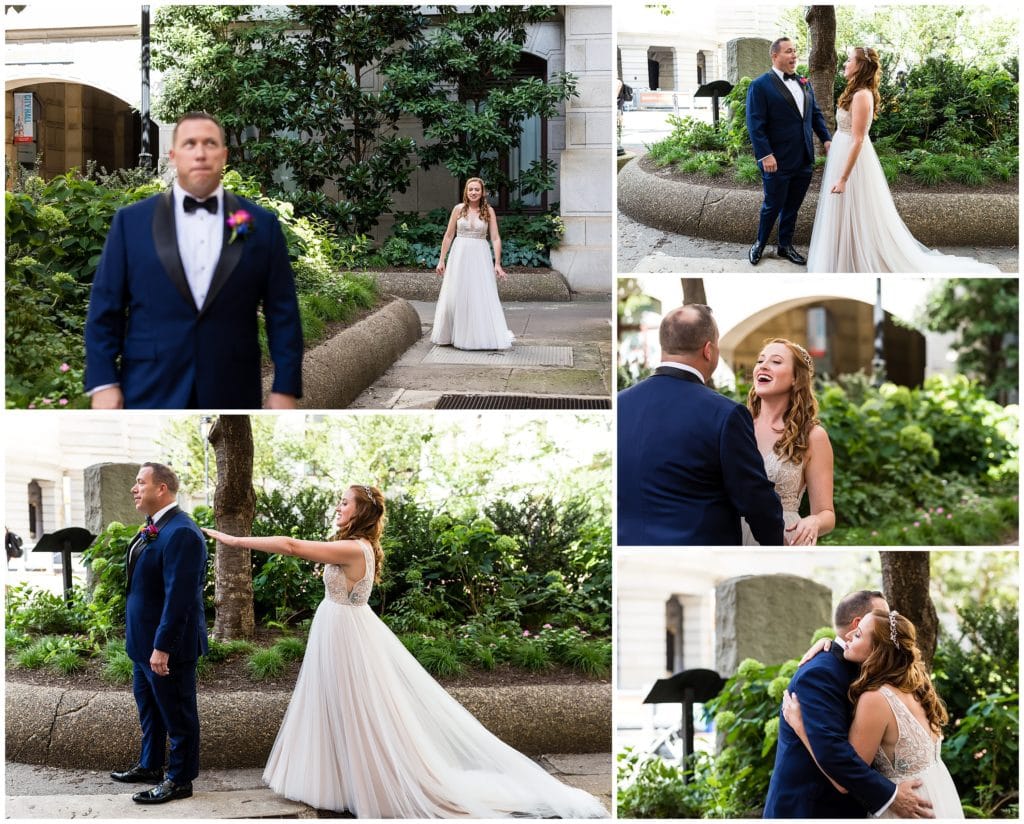 Bride and groom first look at Philadelphia City Hall