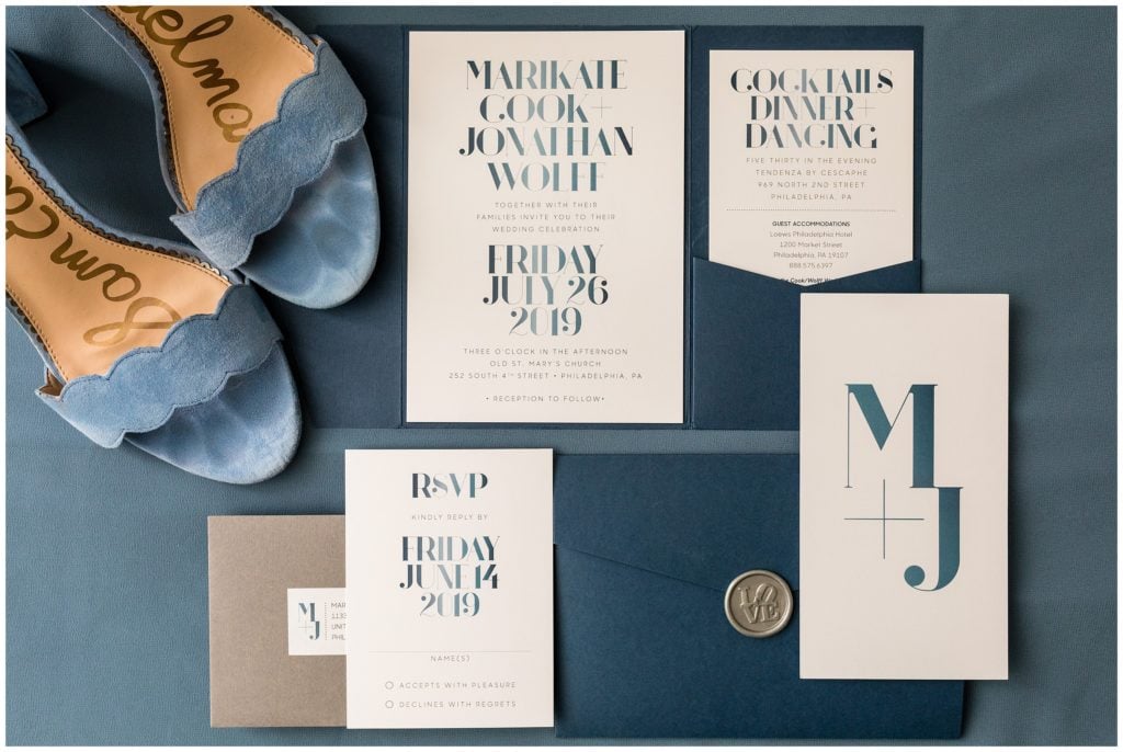 Blue wedding invitation suite with traditional Philadelphia "LOVE" stamp and blue wedding heels for Tendenza Wedding