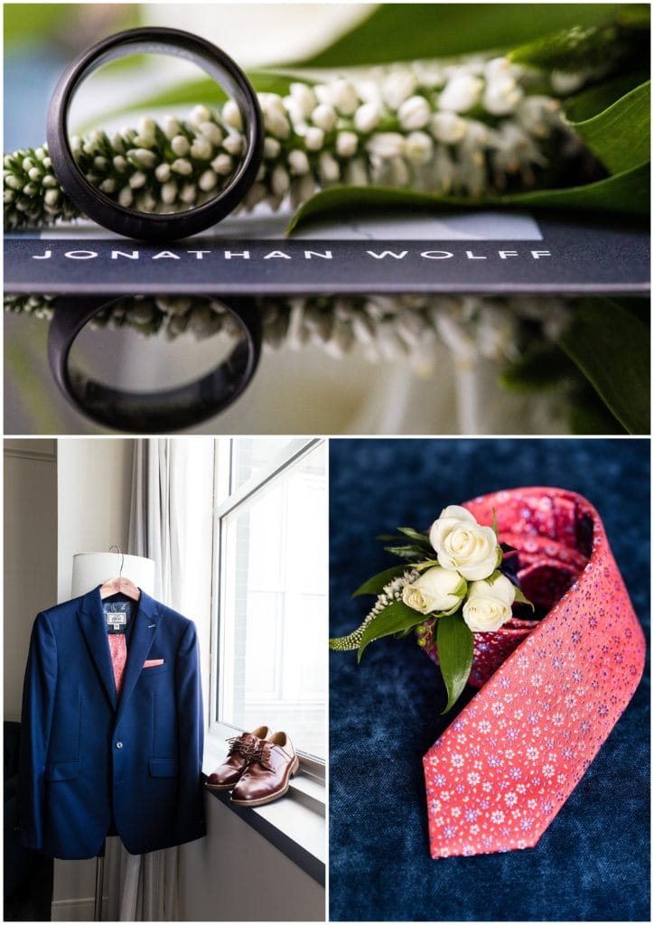 Grooms tuxedo, tie, wedding band, and florals