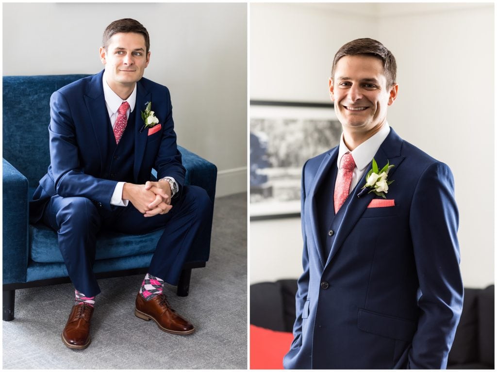 Traditional groom portrait with navy tuxedo and pink details