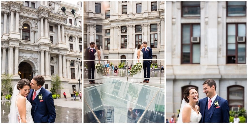 Romantic bride and groom wedding portraits with reflections at Philadelphia City Hall
