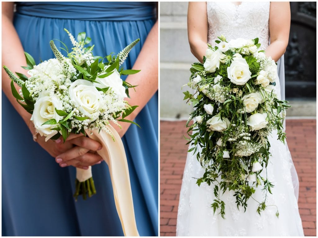 White and green bridesmaid and bridal bouquets