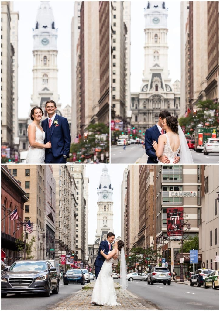 Broad Street and Philadelphia City Hall wedding portrait bride and groom dipping in front of city hall