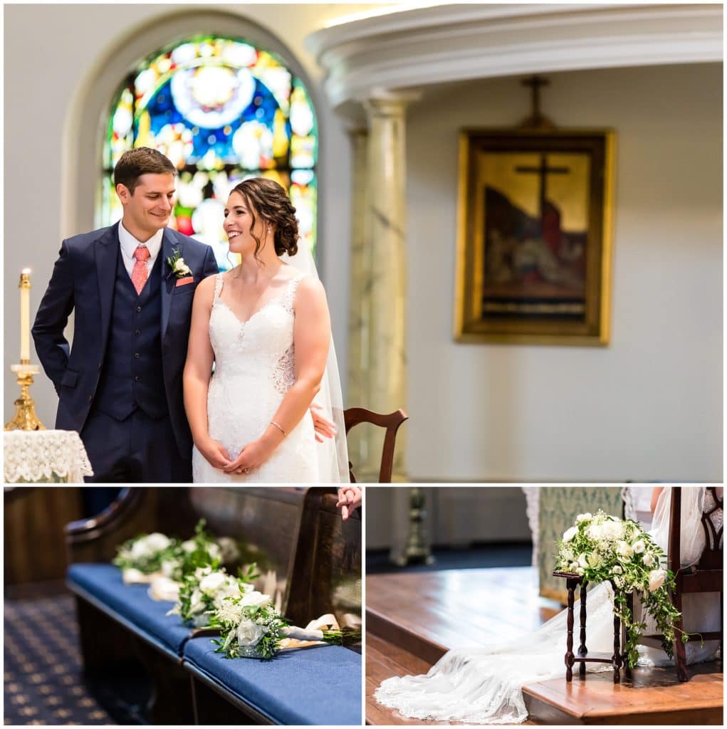 Bride and groom and wedding party florals in Old St. Mary's Church Philadelphia