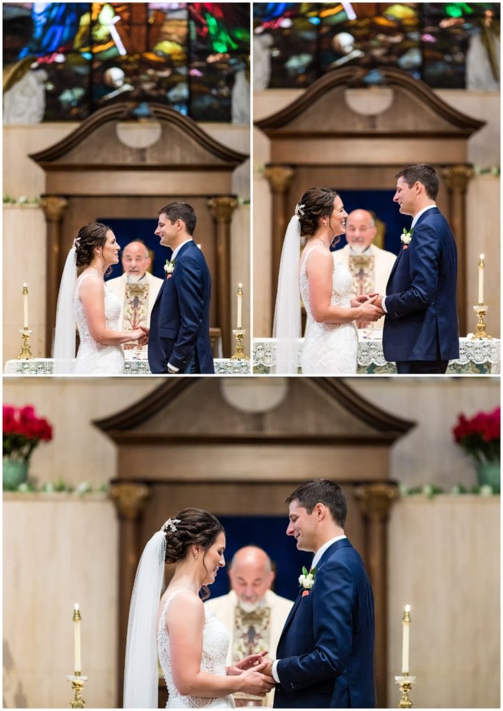 Bride and groom exchanging rings during wedding ceremony at Old St. Mary's Church in Philadelphia