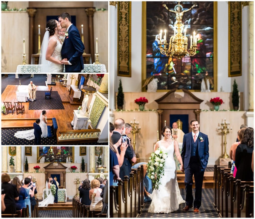 Bride and groom kissing and praying during wedding ceremony at Old St. Mary's Church in Old City Philadelphia