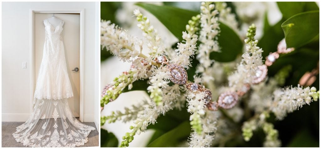 Wedding gown and gold bracelet in white floral details