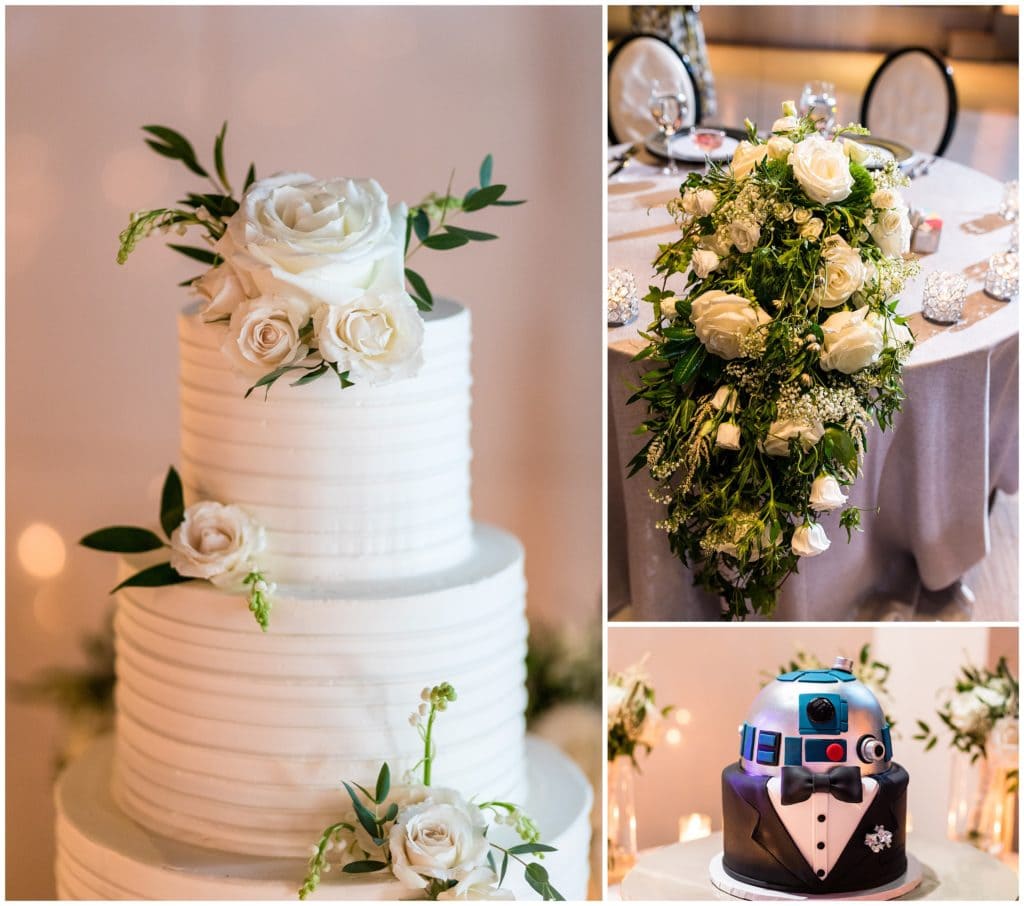 Traditional wedding cake with unique Star Wars wedding cake and bridal bouquet