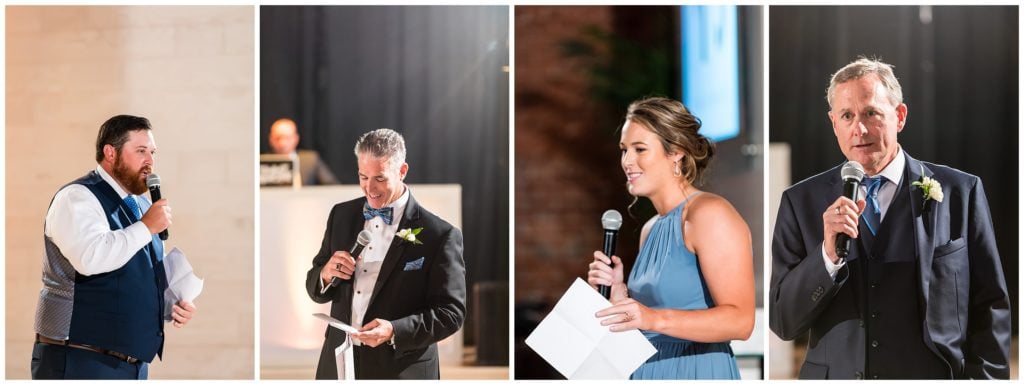 Best man, maid of honor, and fathers of the bride and groom making their toasts during wedding reception at Tendenza