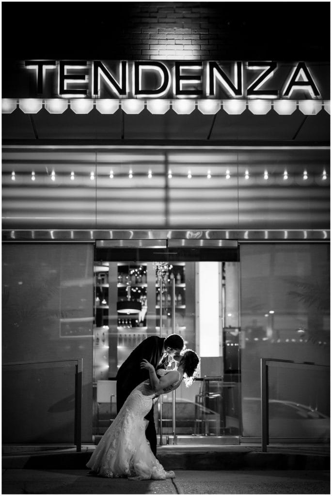 Bride and groom wedding night portrait outside venue Tendenza by Cescaphe