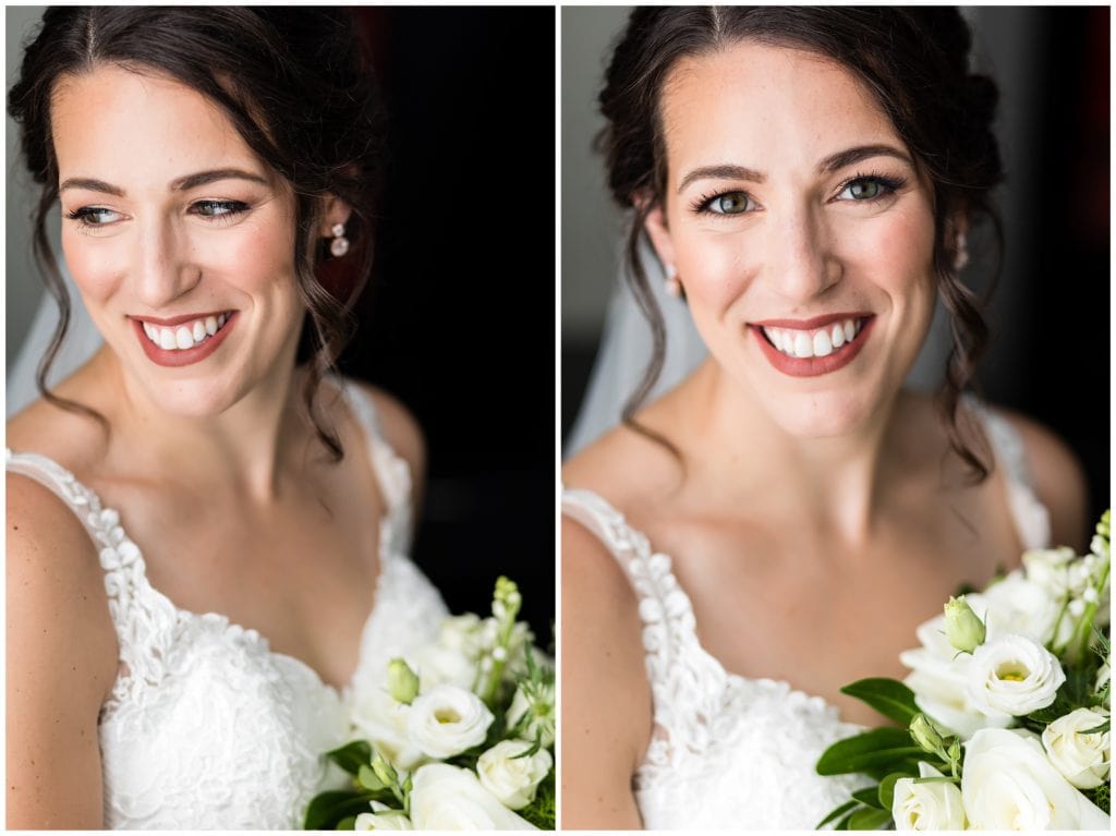 Traditional bridal portraits with bride looking over her shoulder with bouquet