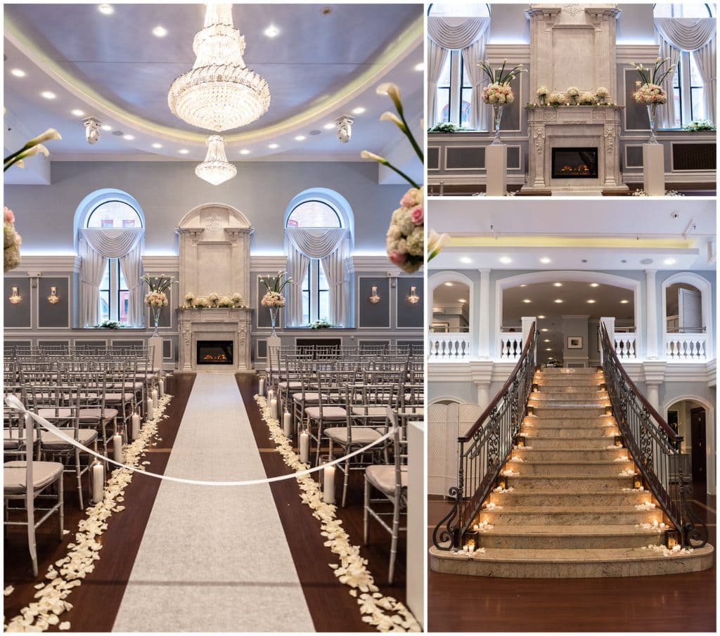 Ceremony details at the Arts Ballroom & staircase lined with candles - Best Philadelphia Wedding Venues