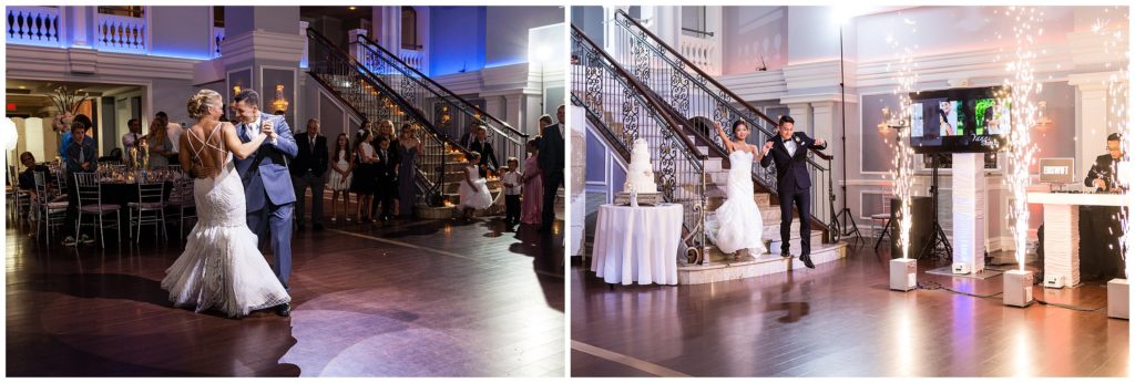 bride and groom sharing spotlighted first dance, another bride and groom entering down the stairs at the Arts Ballroom with sparklers going off - Best Philadelphia Wedding venues