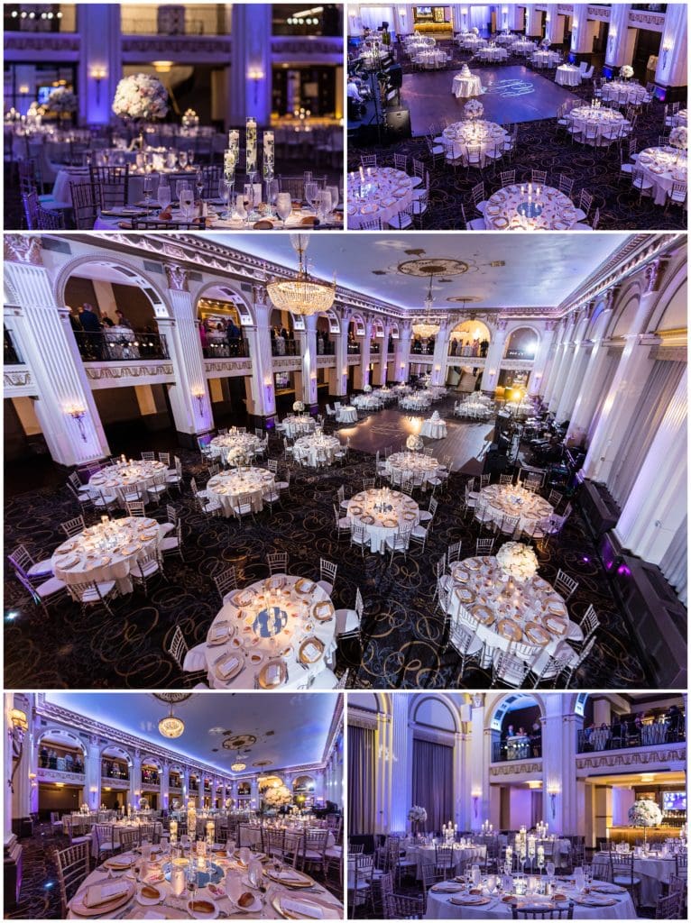 View from the balcony at the Ballroom at the Ben set up for a wedding reception - Best Philadelphia Wedding Venues