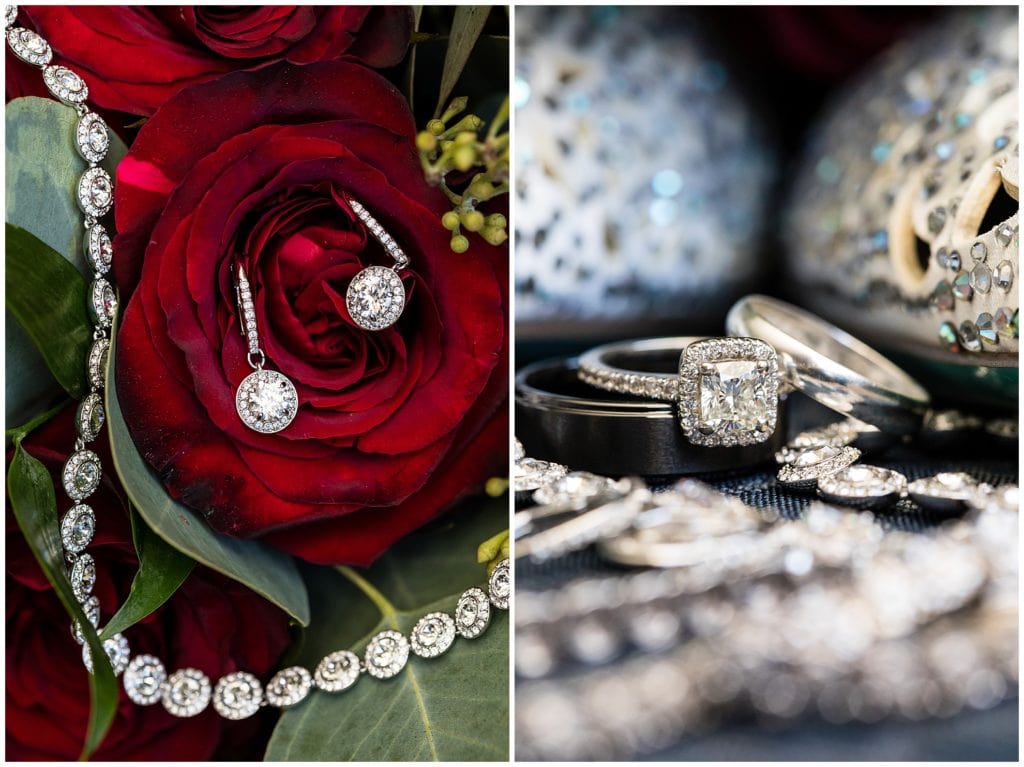 Bridal earrings, necklace, and bracelet in floral bouquet with bedazzled shoes and wedding bands