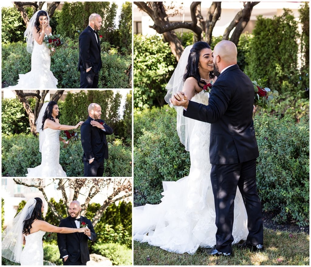 Bride crying before seeing groom at first look, groom admiring bride after first look