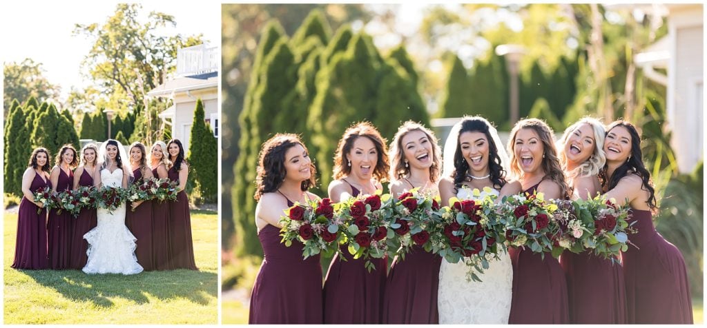Bridal party with red gowns, red rose bouquets, laughing and smiling