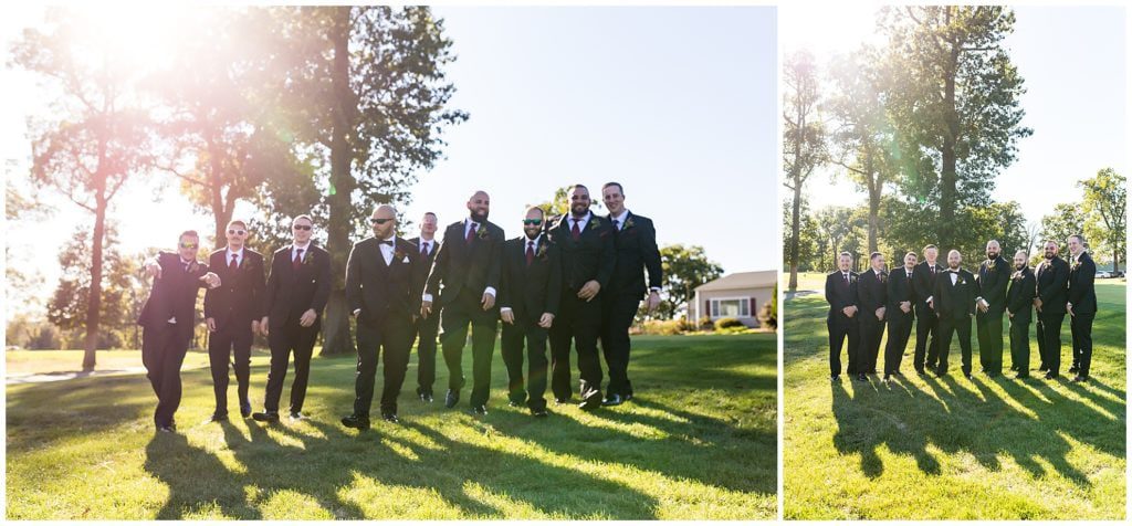 Traditional groomsmen portrait with cool portrait of groomsmen walking on golf course