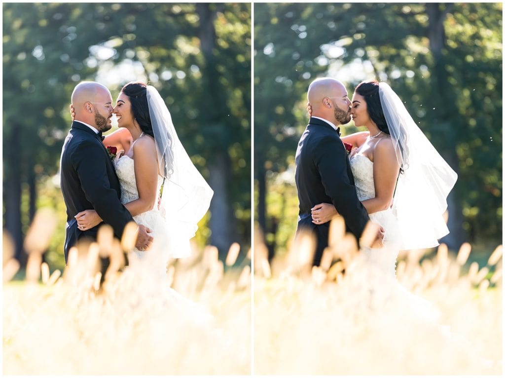 Romantic bride and groom wedding portrait through wheat on Brookside Country Club golf course