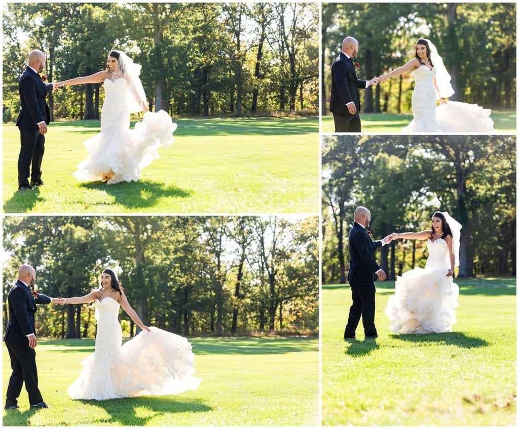Groom spinning and dancing with bride on golf course at Brookside Country Club