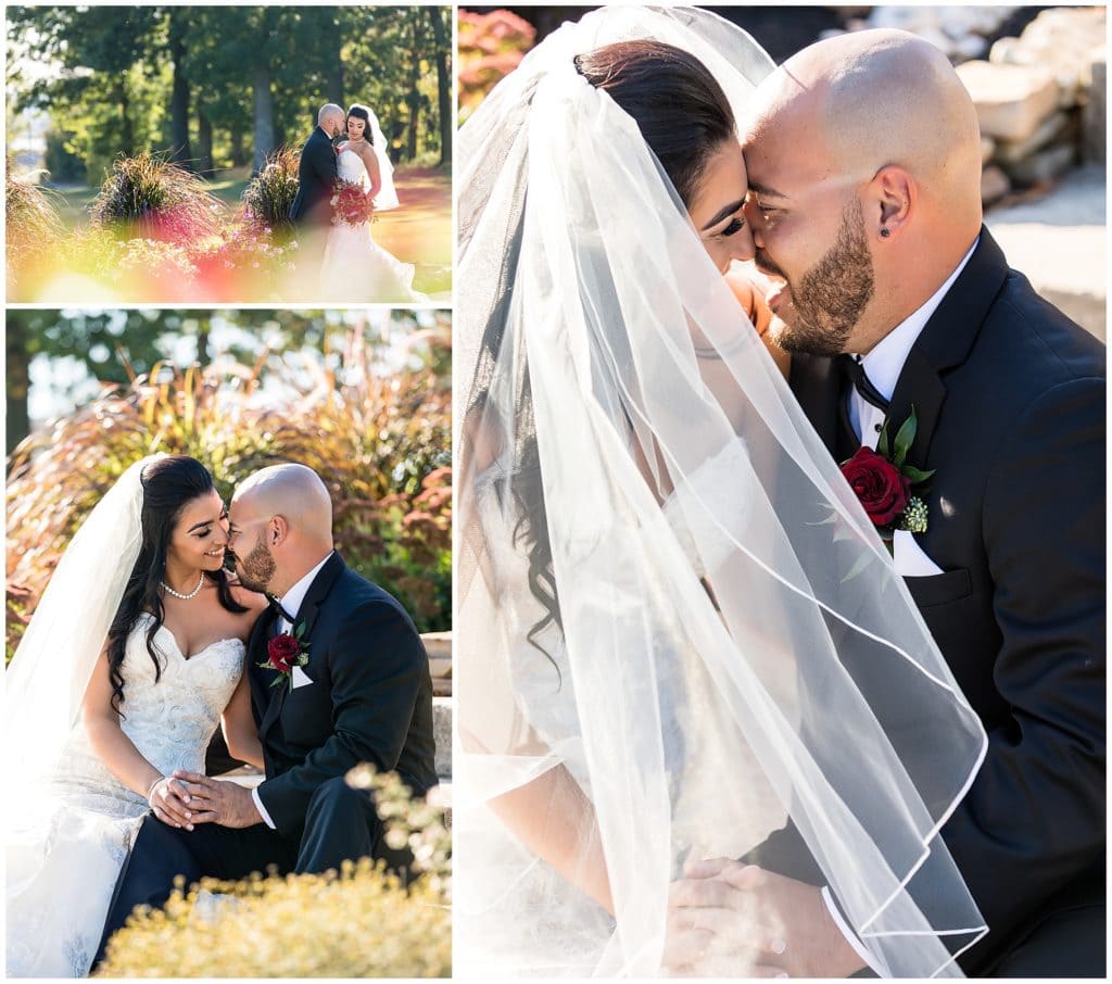 Bride and groom snuggling, laughing, and whispering to each other in garden at Brookside Country Club